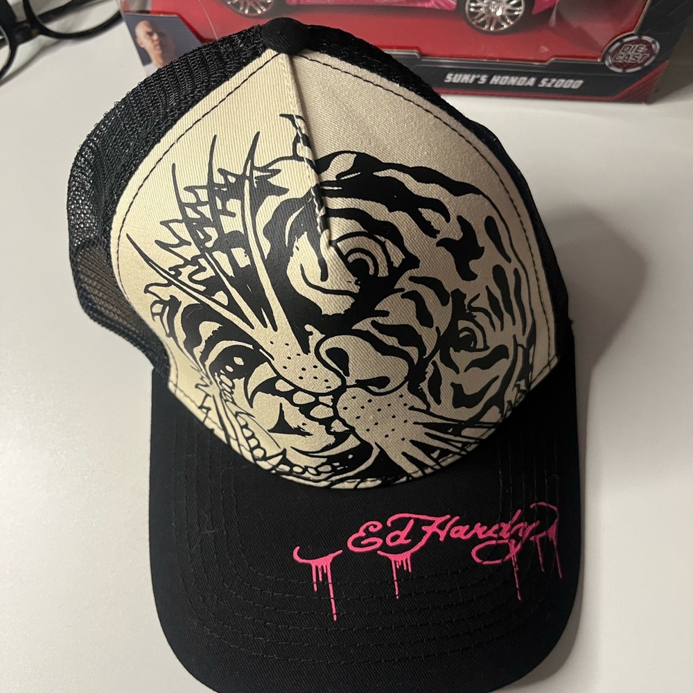 Ed Hardy Black and Cream Tiger Trucker Hat
